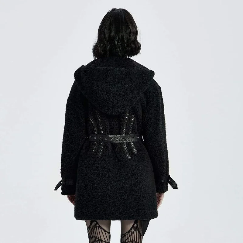 Women's Punk Woolen Hooded Overcoat With Belt