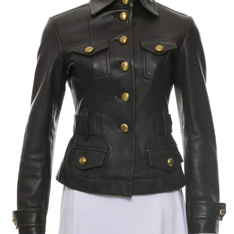 Women's Shirt Collar Style Black Leather Jacket