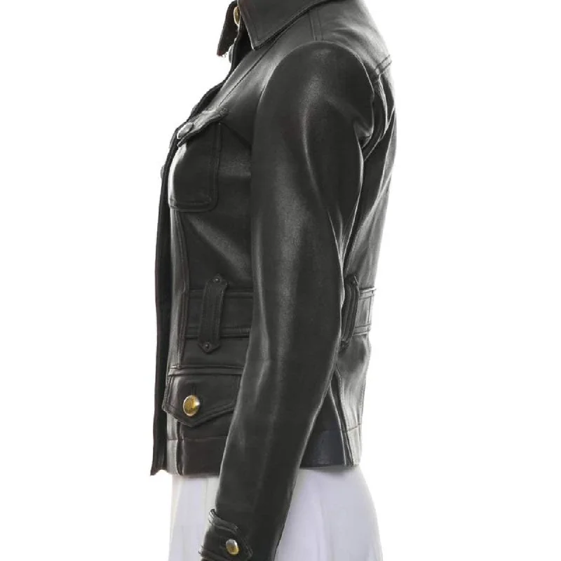 Women's Shirt Collar Style Black Leather Jacket