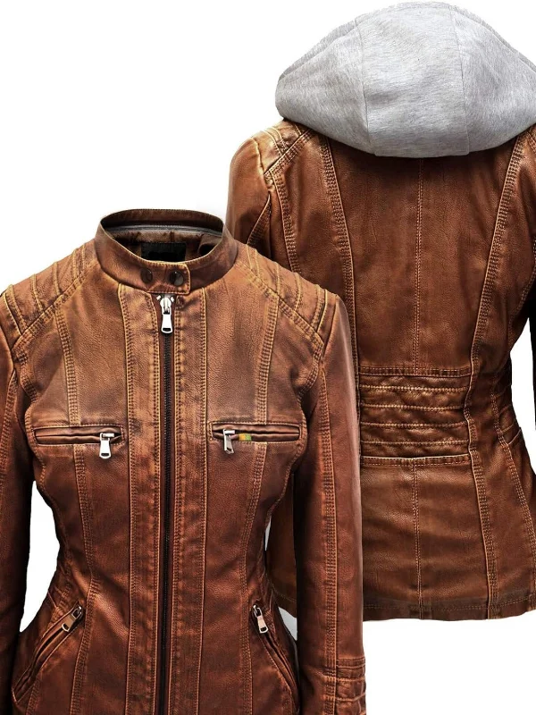 Women's Slim Fit Detachable Hood Leather jacket