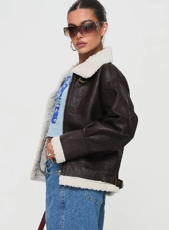 Zadar Faux Leather Shearling Jacket Chocolate