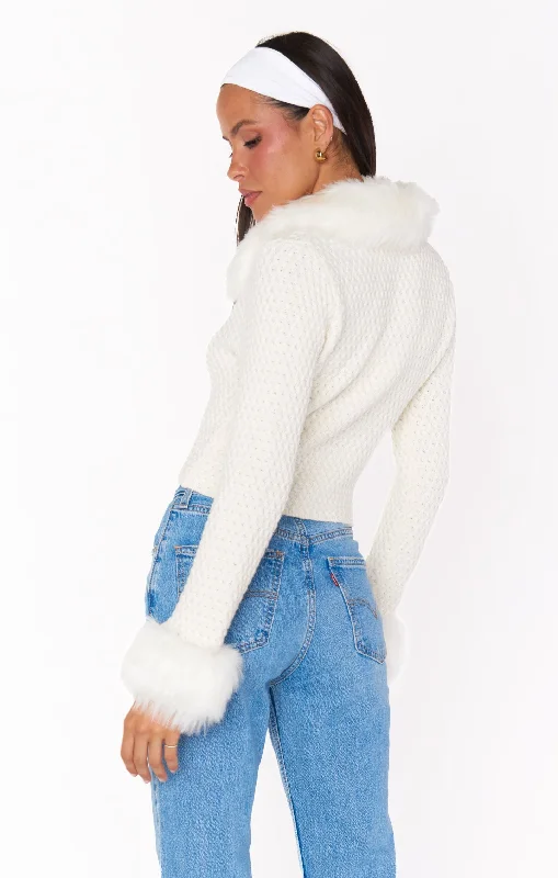 Zermatt Zip Up ~ White Pebble Knit with Faux Fur