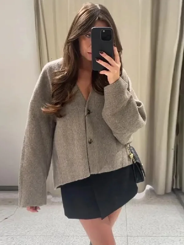 Znbbw Straight Cut Wool Jacket Women Fashion V Neck Single Breasted Short Coat 2023 Autumn Chic Lady Office Street Outerwear