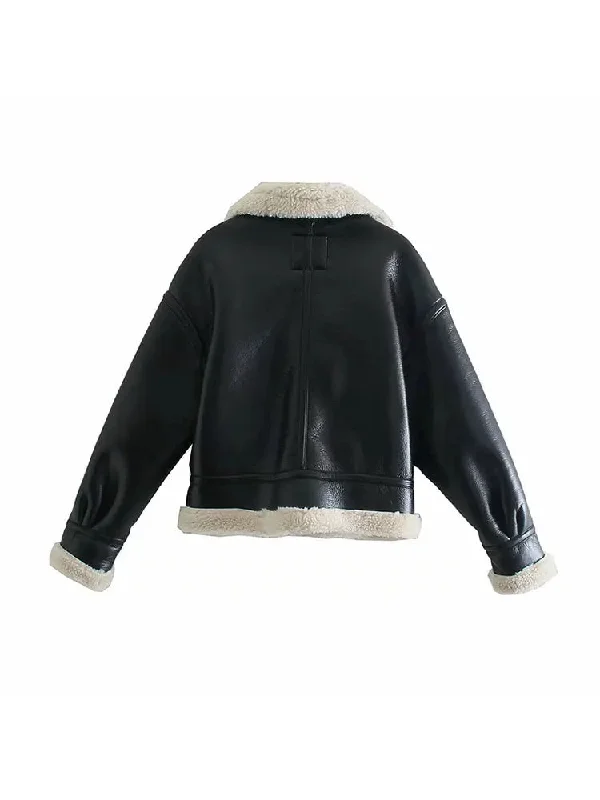 Znbbw Women Streetwear Faux Lamb Leather Fur Lapel Crop Jacket Autumn Female Moto Biker Thick Warm Sheepskin Outwear Coat