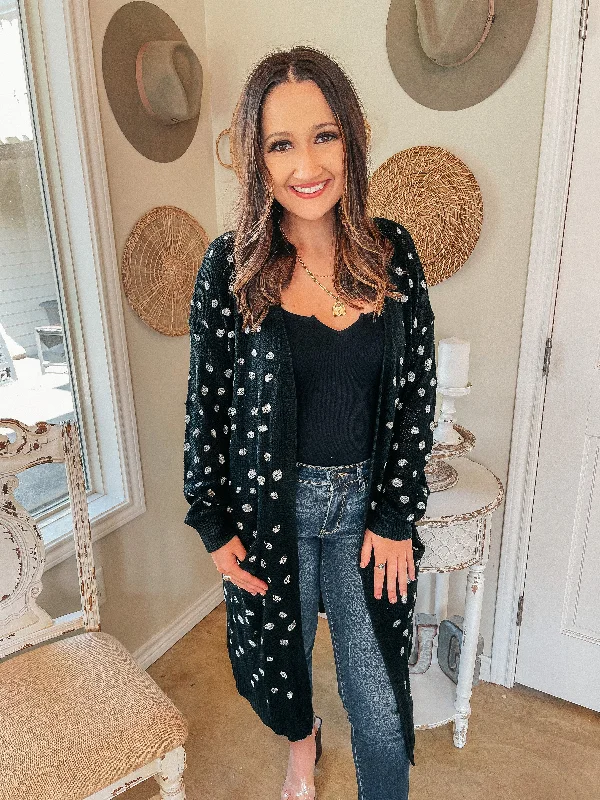 Boho Lifestyle Long Sleeve Polka Dot Duster Cardigan in Black