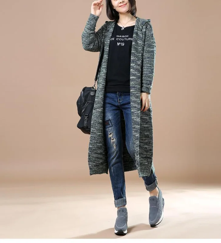 Blue long sweaters coats plus size knit outwear