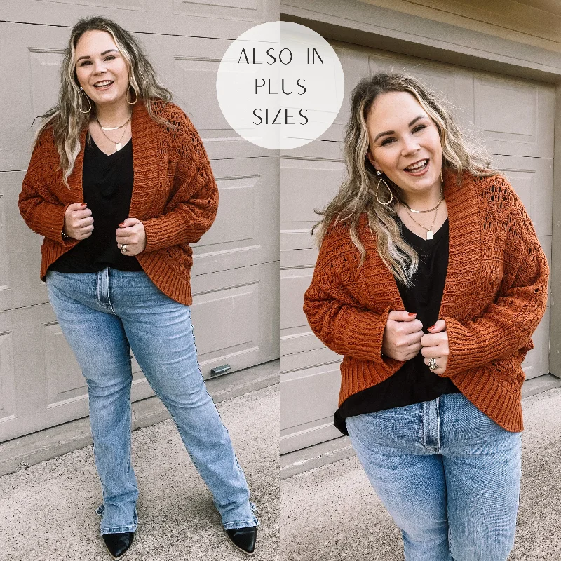 Incredibly Cozy Cable Knit open Front Cardigan in Rust Brown