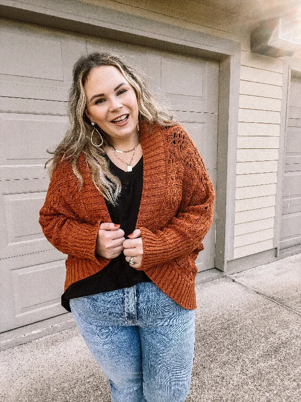 Incredibly Cozy Cable Knit open Front Cardigan in Rust Brown