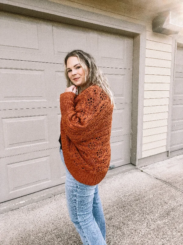 Incredibly Cozy Cable Knit open Front Cardigan in Rust Brown