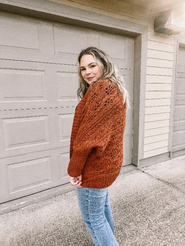 Incredibly Cozy Cable Knit open Front Cardigan in Rust Brown