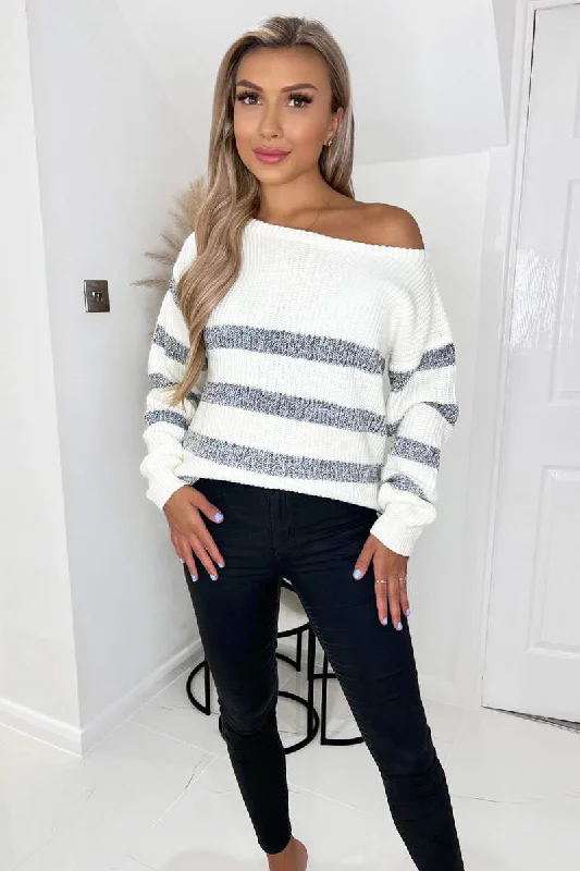 Cream and Grey Striped Off The Shoulder Jumper