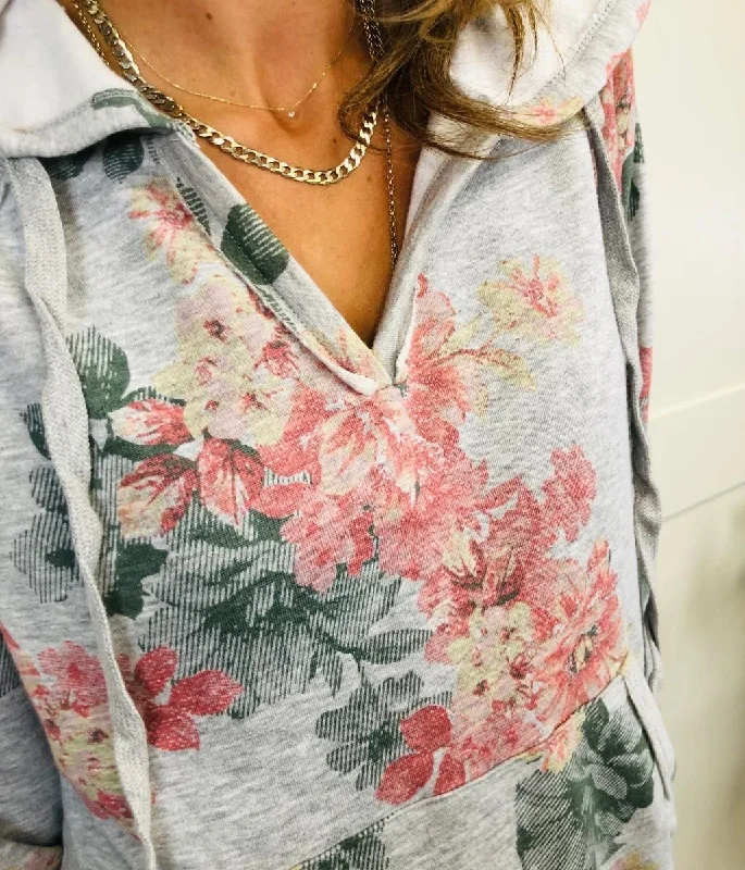 Grey Floral Hooded Jumper