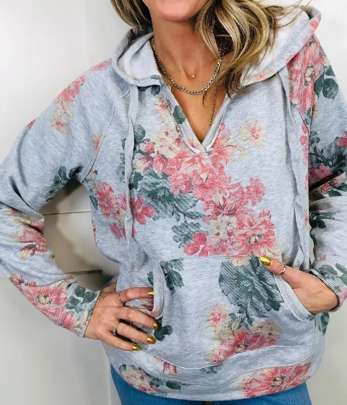 Grey Floral Hooded Jumper