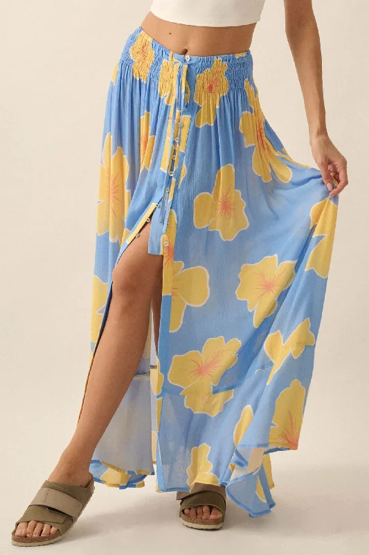 Hibiscus Grove Floral Crepe Buttoned Maxi Skirt