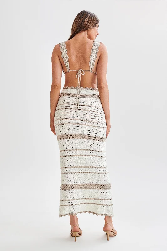 Jadia Contrast Crochet Fishtail Maxi Skirt - Taupe/White