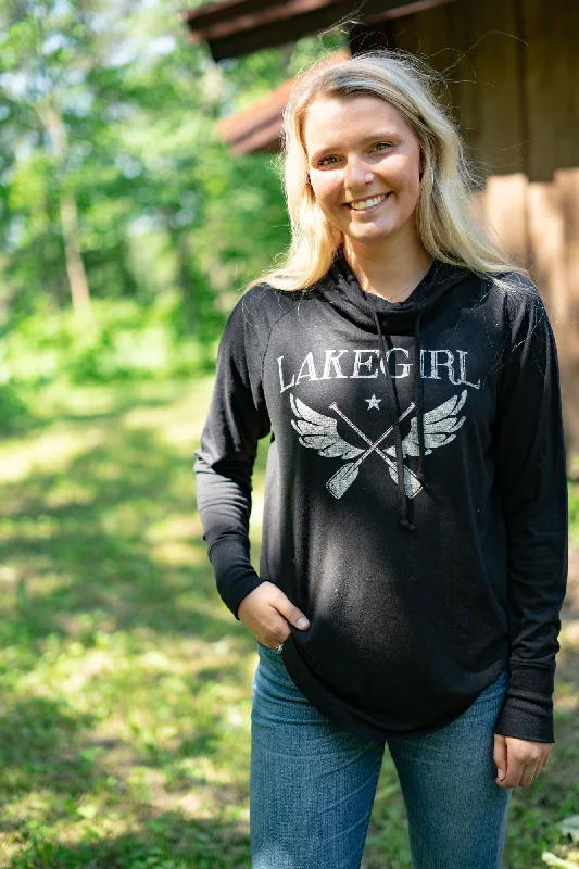 Winged Paddle Cowl Neck Hoodie in Black