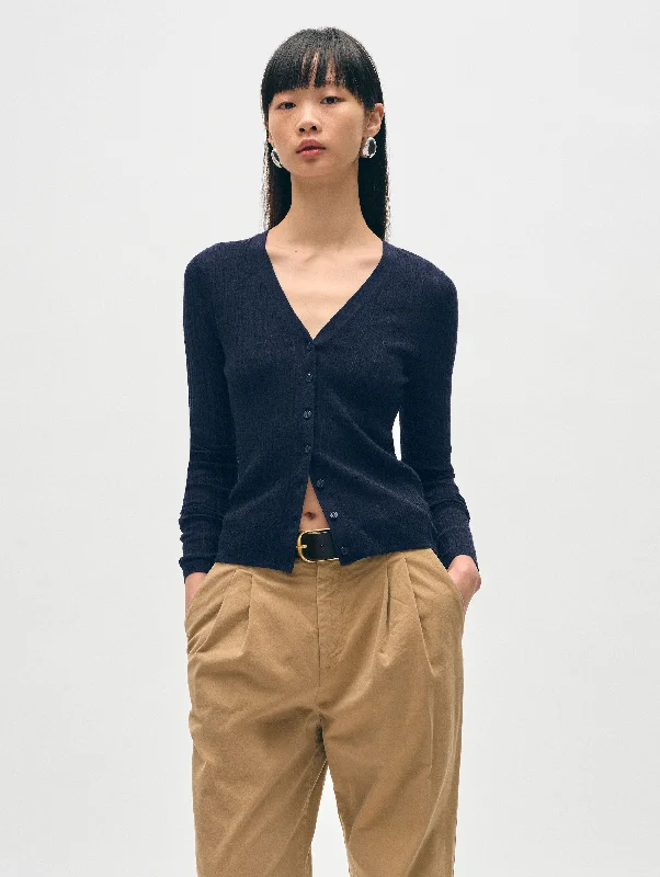 Linen Gauze Ribbed V Neck Cardigan