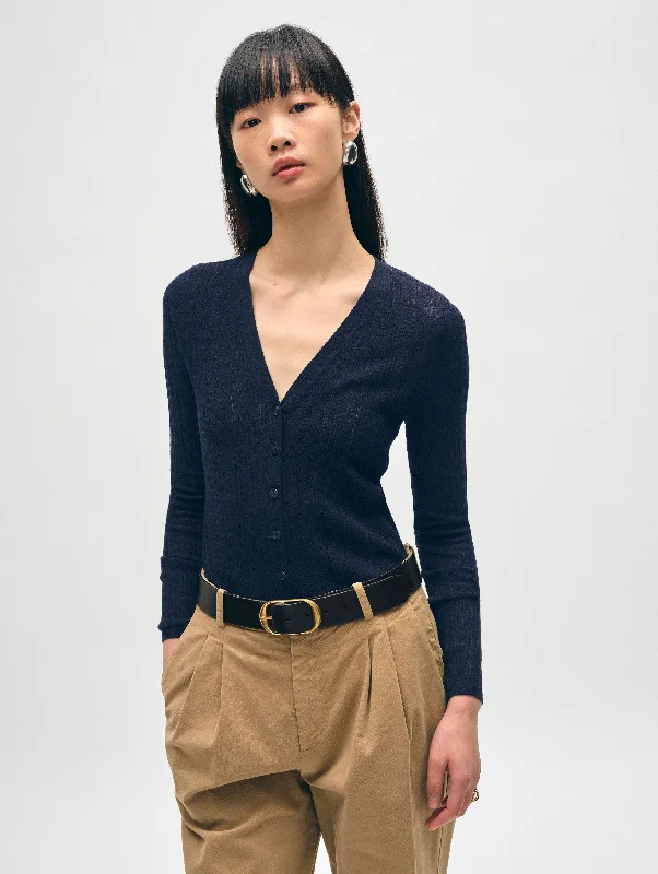 Linen Gauze Ribbed V Neck Cardigan