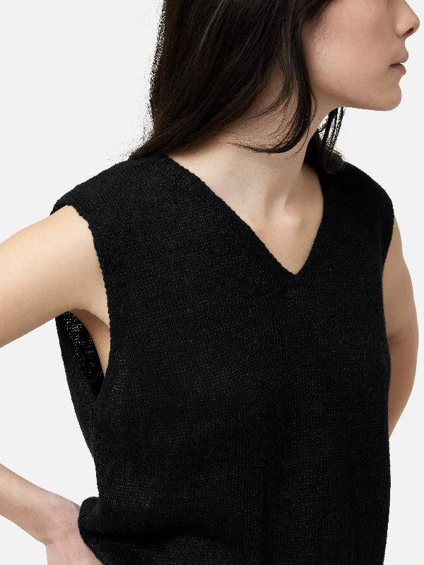 Linen Slub Cropped V Tank Top | Black