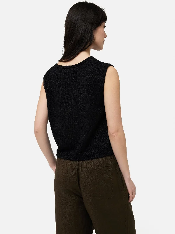 Linen Slub Cropped V Tank Top | Black