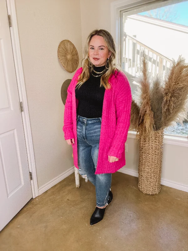 Cold Brew And Cuddles Long Sleeve Cardigan with Pockets in Hot Pink