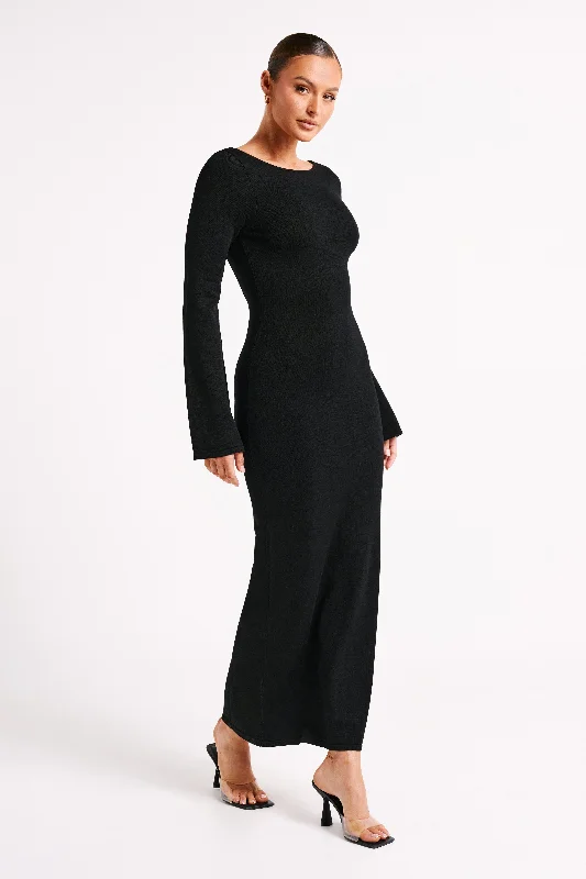 Marleigh Flare Sleeve Knit Maxi Dress - Black