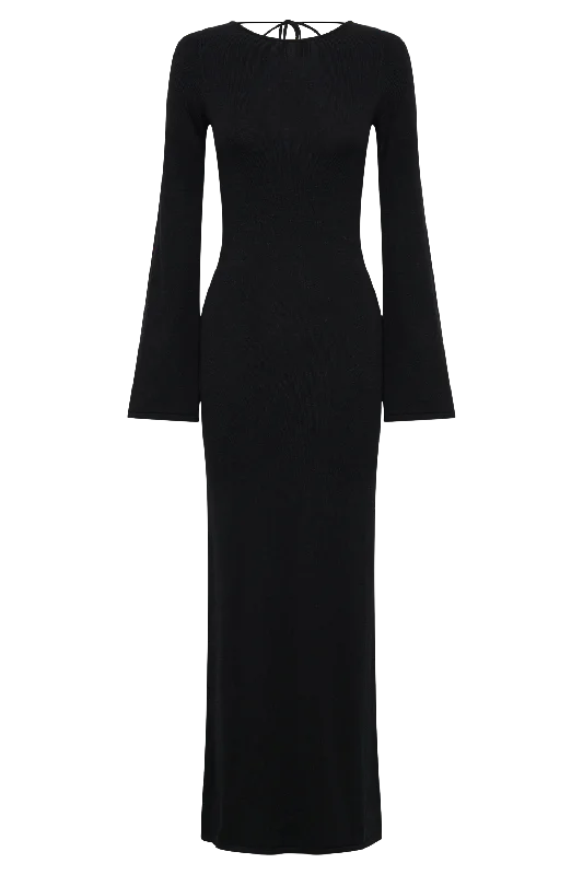 Marleigh Flare Sleeve Knit Maxi Dress - Black