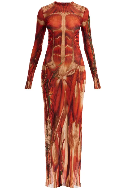 maxi mesh dress with ecorché print RO254 T554 RED/ORANGE/GREEN