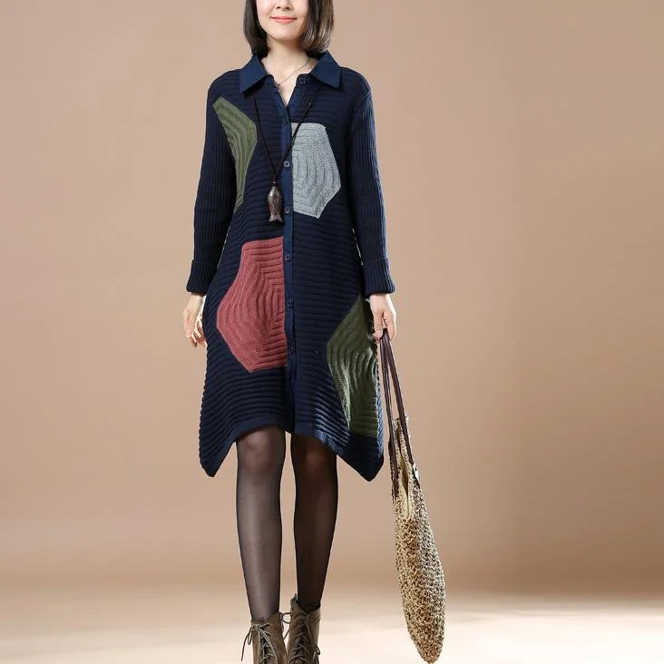 Navy patchwork sweaters woman knit cardigans