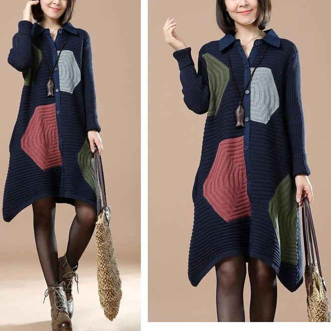 Navy patchwork sweaters woman knit cardigans