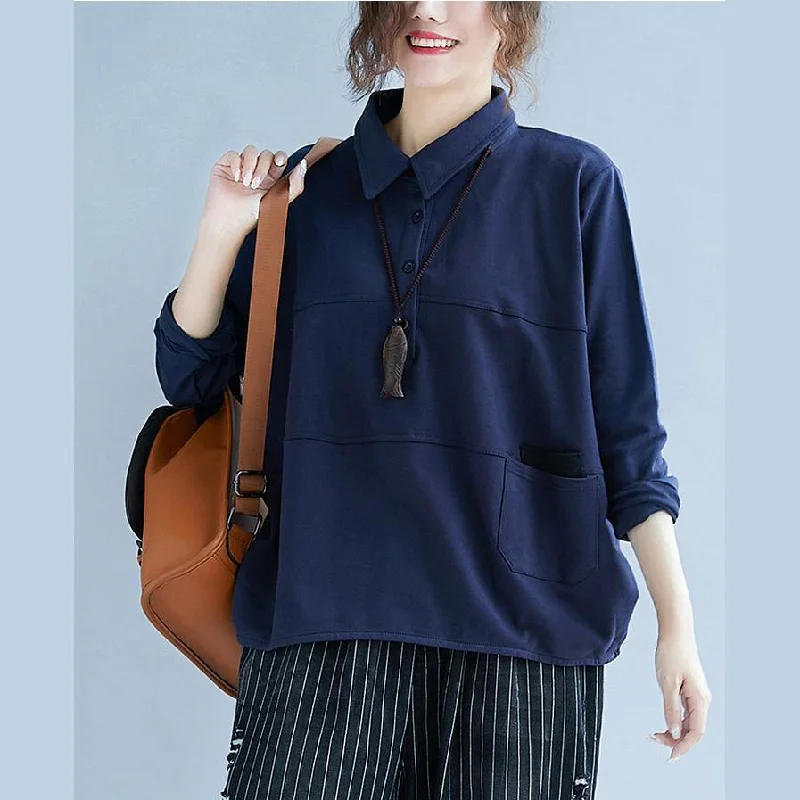 POLO collar cotton Long Shirts Sewing blue blouse autumn