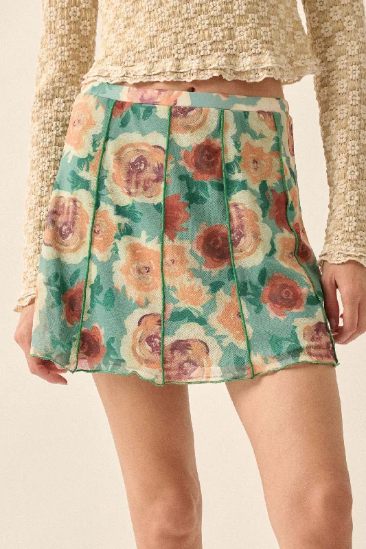 Rose Parade Floral Mesh Exposed-Seam Mini Skirt