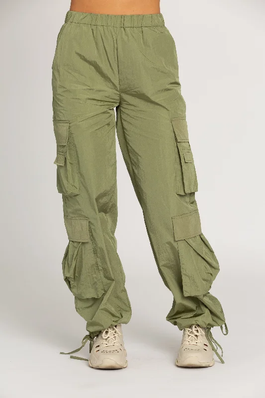 Shiny Olive Green Parachute Pants