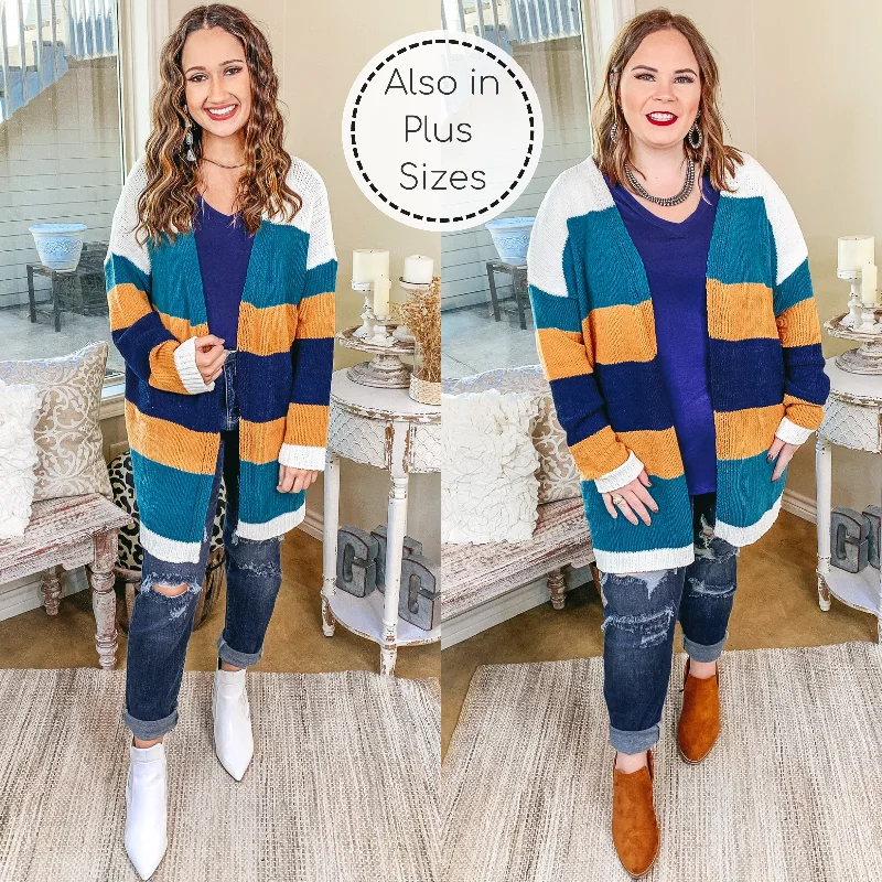 Last Chance Size XL | Soft Charm Striped Open Front Cardigan in Teal and Mustard | ONLY 1 LEFT!