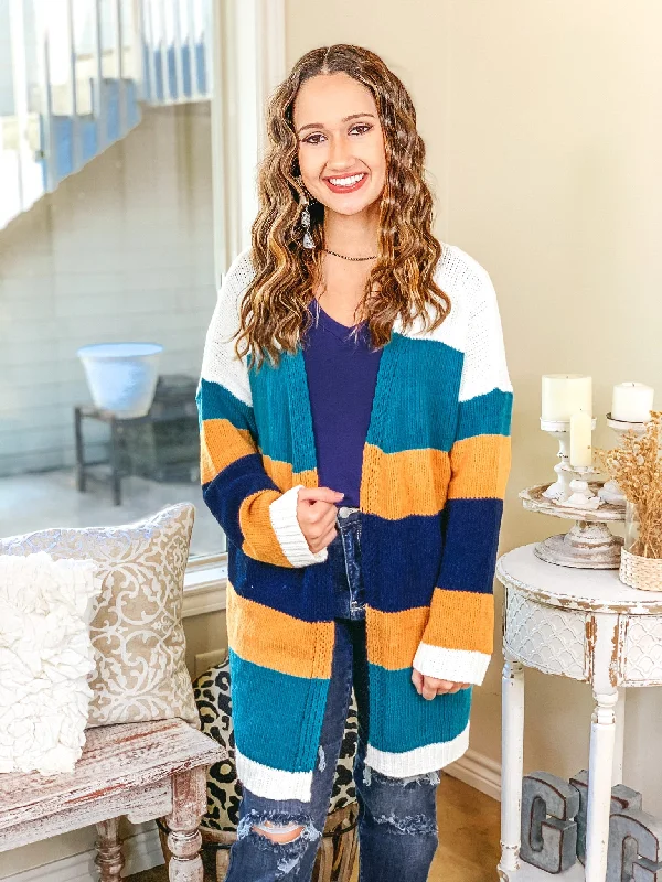 Last Chance Size XL | Soft Charm Striped Open Front Cardigan in Teal and Mustard | ONLY 1 LEFT!