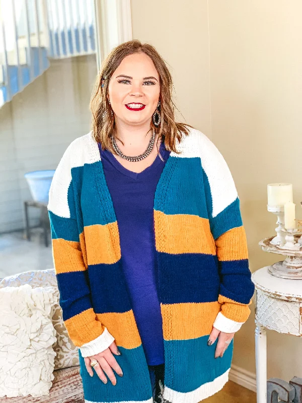 Last Chance Size XL | Soft Charm Striped Open Front Cardigan in Teal and Mustard | ONLY 1 LEFT!