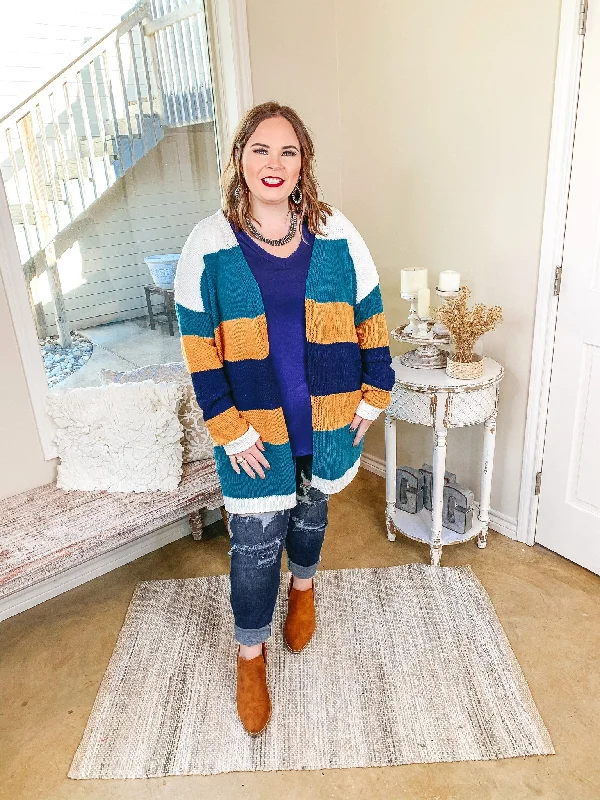 Last Chance Size XL | Soft Charm Striped Open Front Cardigan in Teal and Mustard | ONLY 1 LEFT!