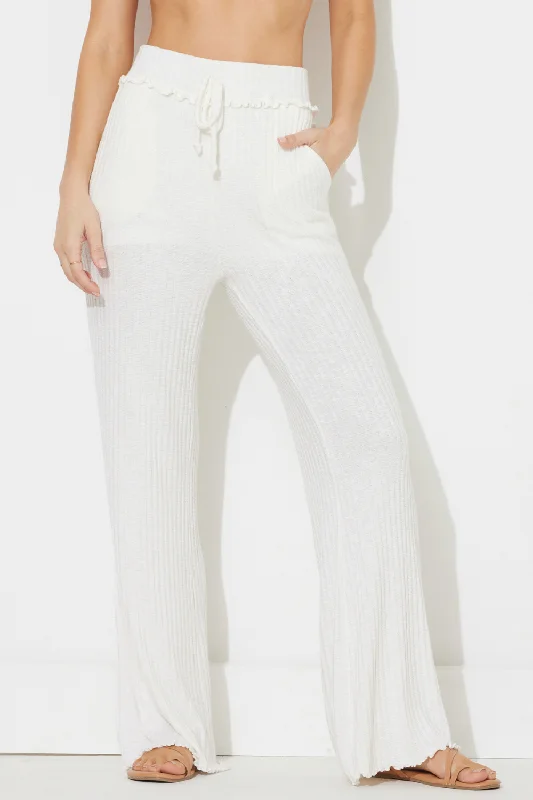 White Solid Rib Lettuce Edge Pants