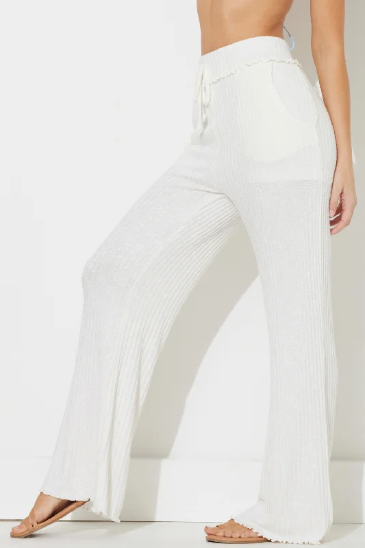 White Solid Rib Lettuce Edge Pants