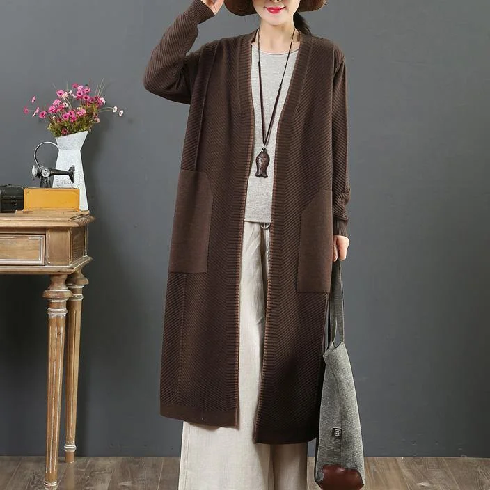 Winter chocolate knit cardigans Loose fitting v neck pockets sweaters