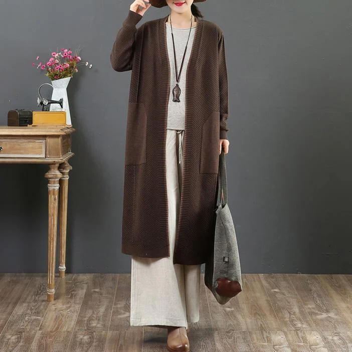 Winter chocolate knit cardigans Loose fitting v neck pockets sweaters