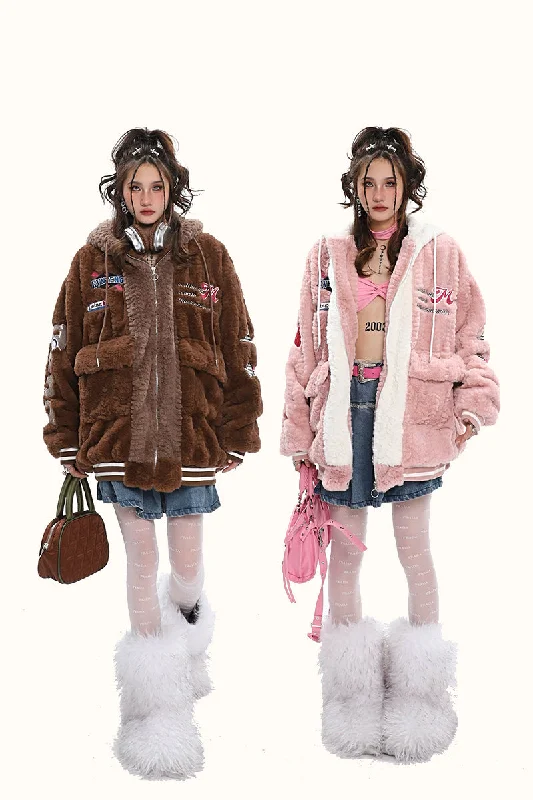 Sandra Letter Embroidery Fluff Long Sleeve Zip Up Jacket