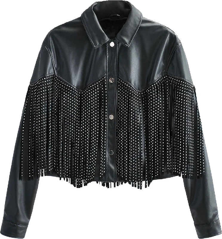 Women’s Black Genuine Sheepskin Shirt Collar Tassel Rivet Outfit Moto Biker Loose Fashion Fringe Leather Jacket