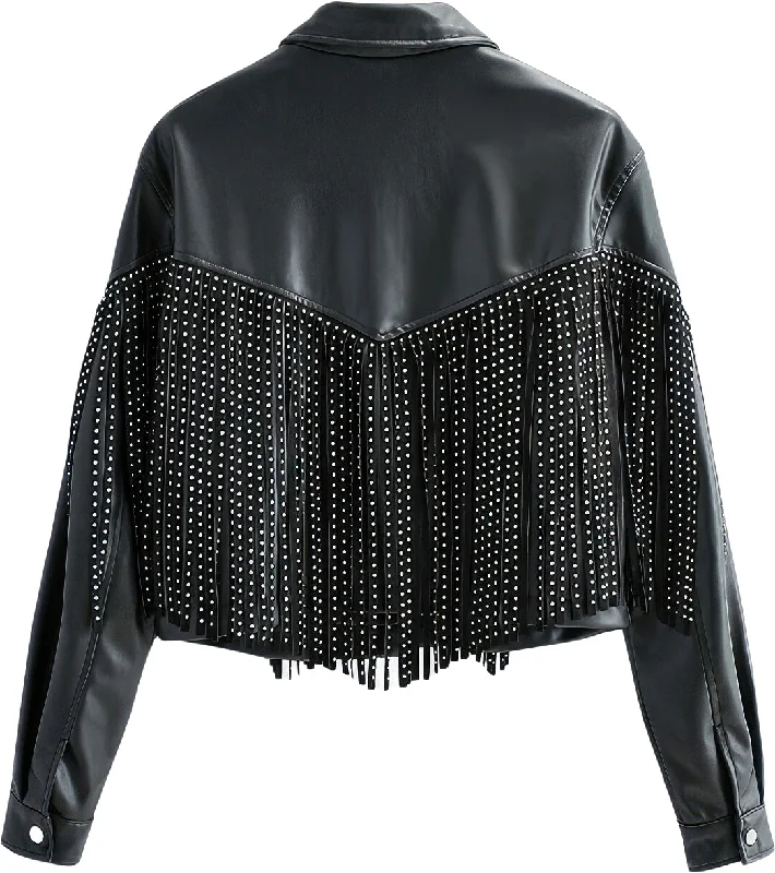 Women’s Black Genuine Sheepskin Shirt Collar Tassel Rivet Outfit Moto Biker Loose Fashion Fringe Leather Jacket